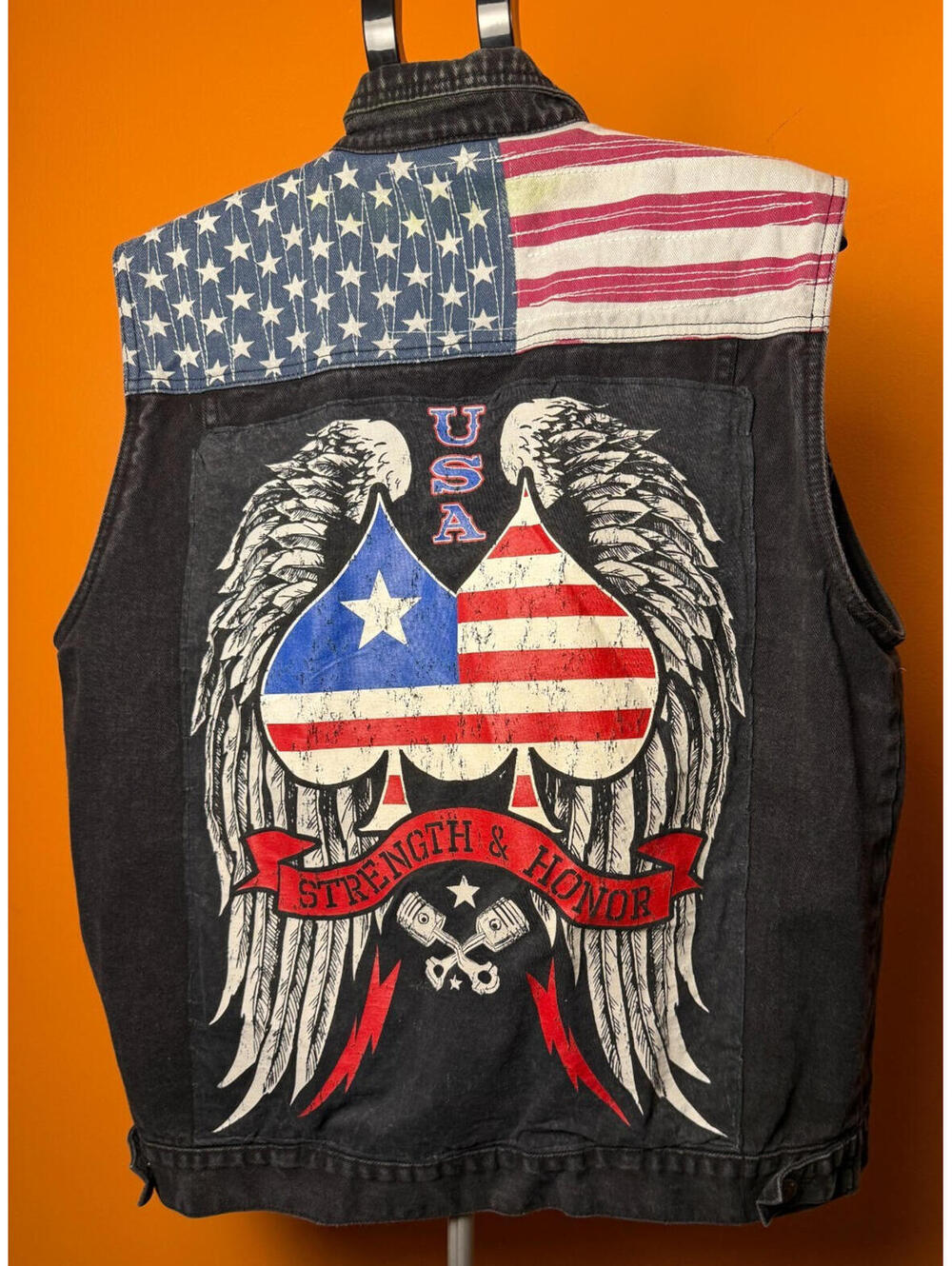 Diamond stash mens XL denim vest black USA flag patriotic vintage biker rocker